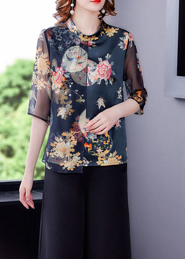 Casual Black Stand Collar Patchwork Tulle Print Silk Shirts Half Sleeve