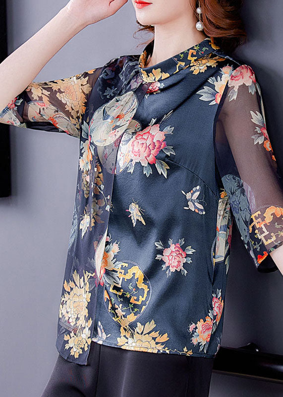 Casual Black Stand Collar Patchwork Tulle Print Silk Shirts Half Sleeve
