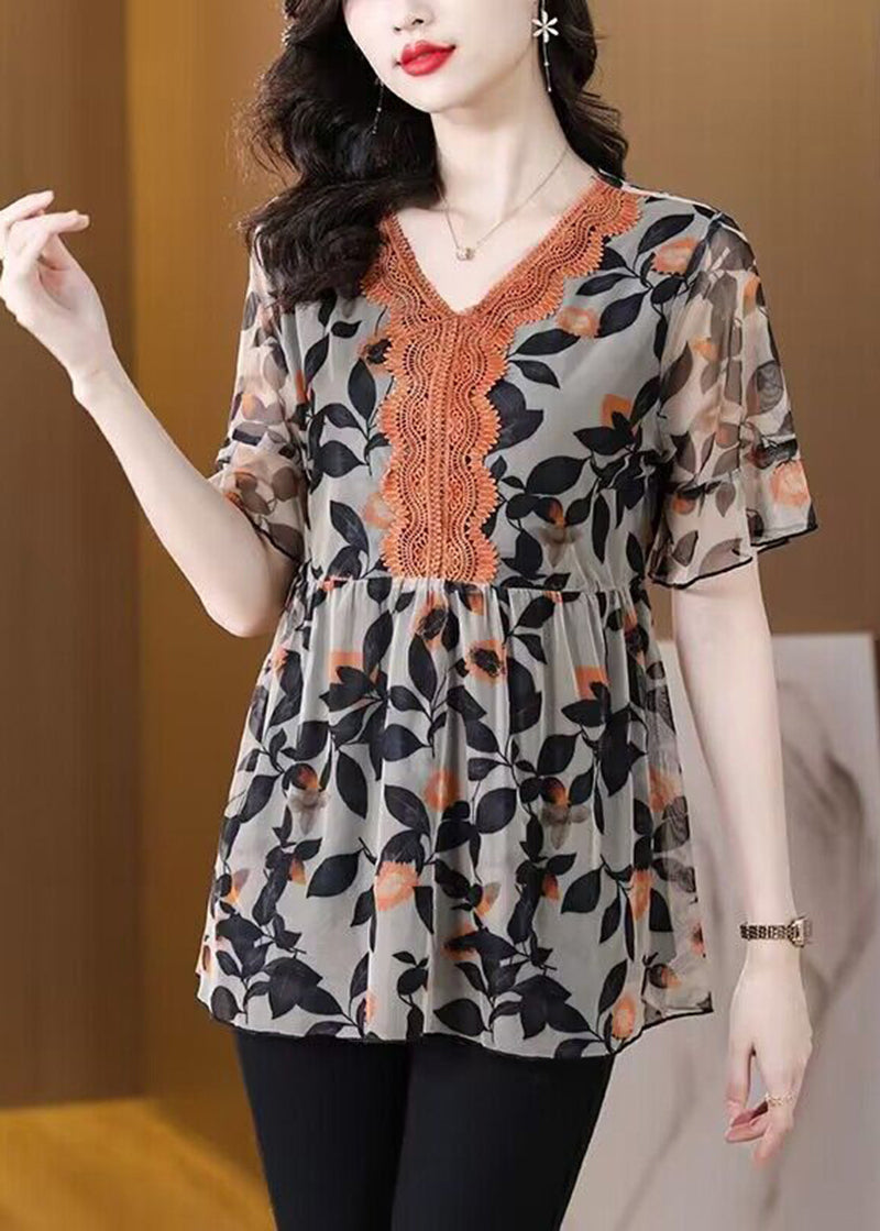 Casual Black V Neck Patchwork Print Chiffon Top Summer