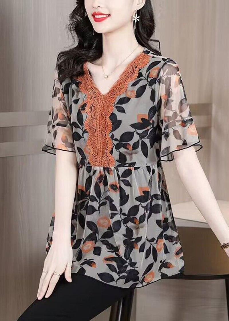 Casual Black V Neck Patchwork Print Chiffon Top Summer