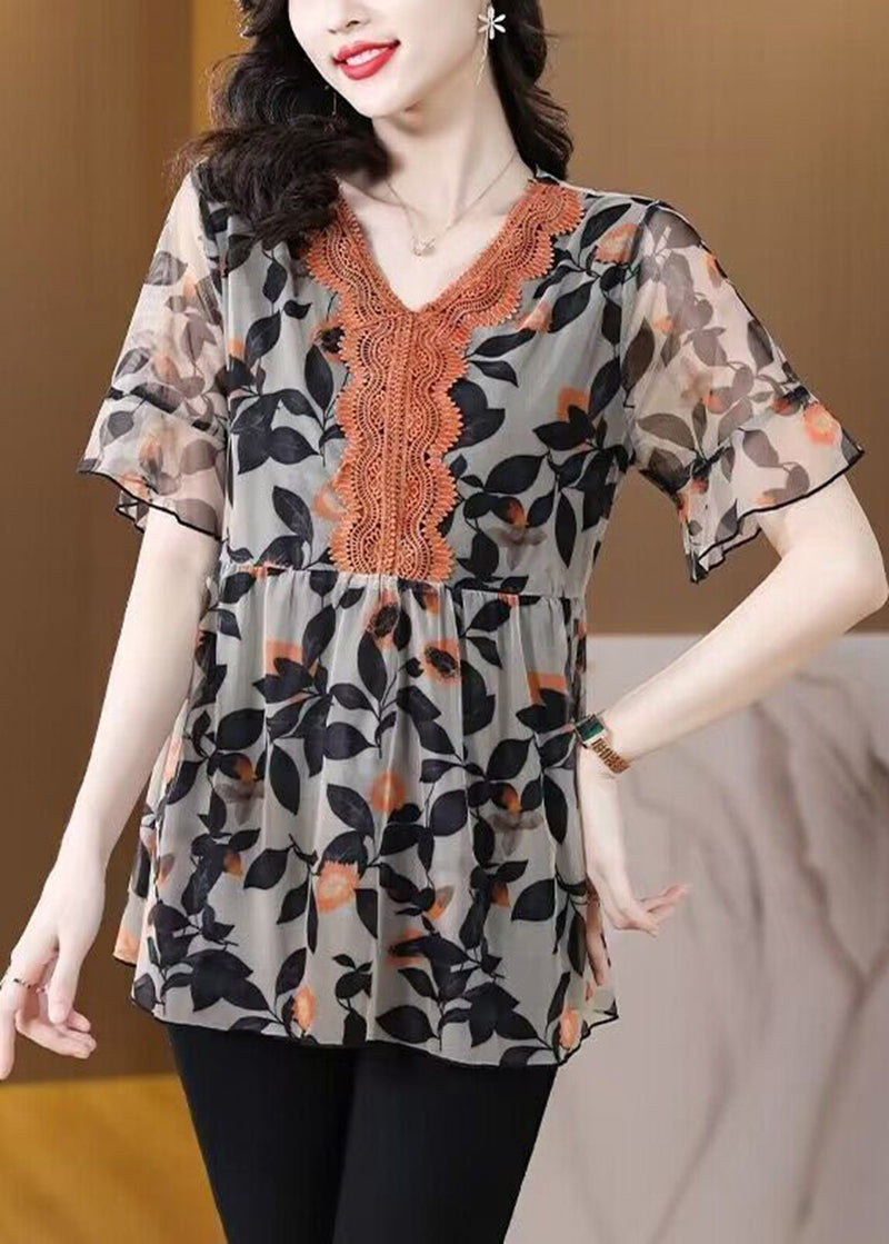 Casual Black V Neck Patchwork Print Chiffon Top Summer