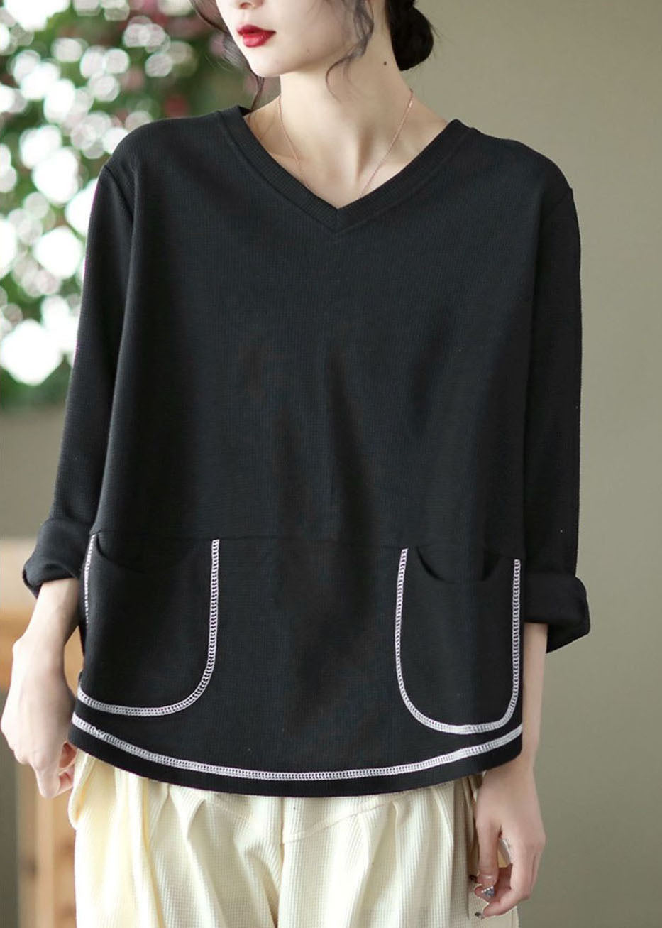 Casual Black V Neck Pockets Patchwork Cotton Sweatshirts Top Long Sleeve