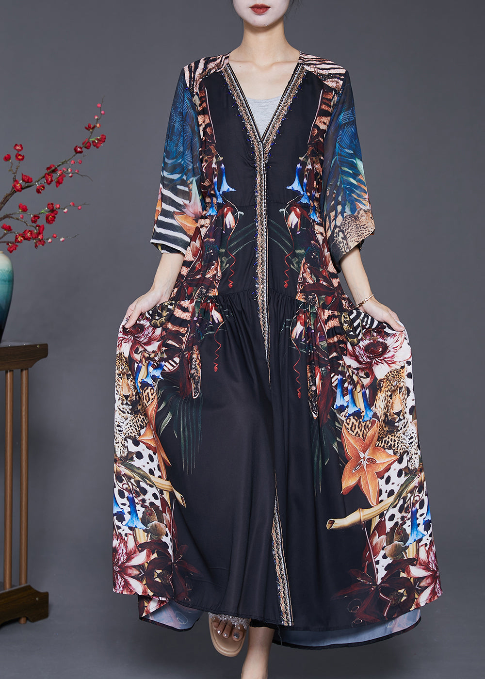 Casual Black V Neck Print Exra Large Hem Chiffon Maxi Dresses Fall