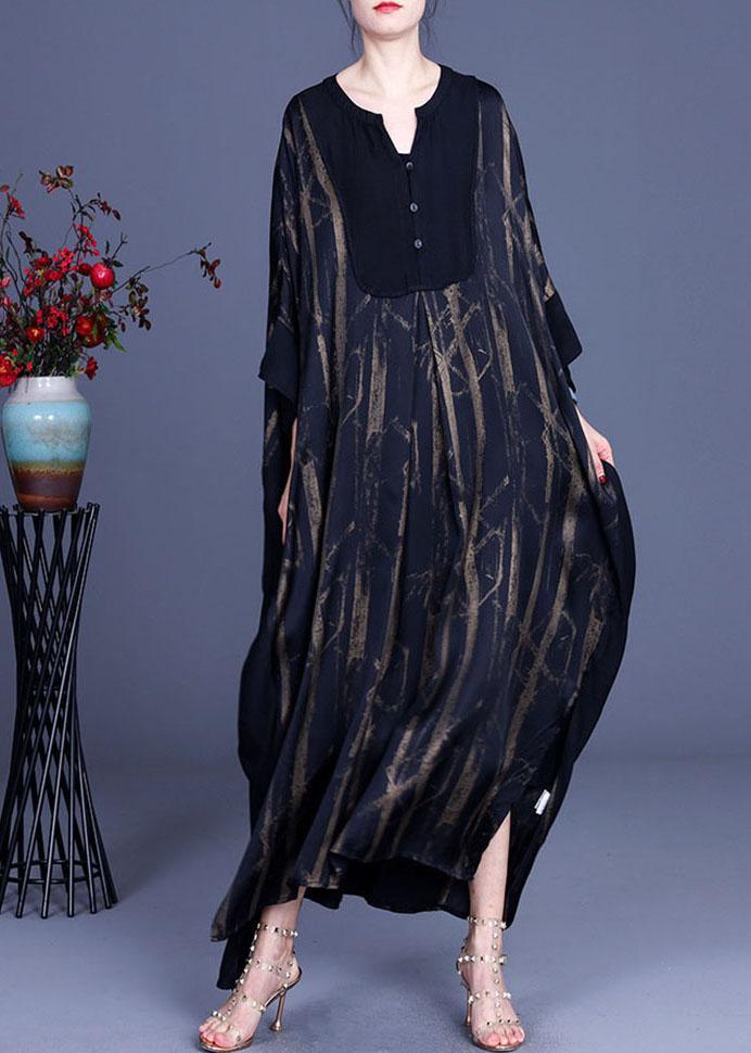 Casual Black V Neck Print Patchwork Silk Summer Dresses Batwing Sleeve - Omychic