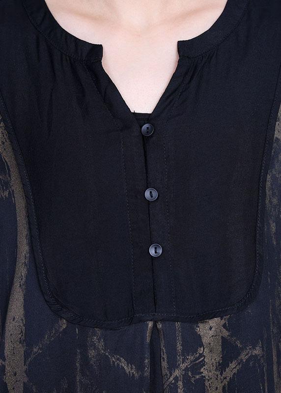 Casual Black V Neck Print Patchwork Silk Summer Dresses Batwing Sleeve - Omychic