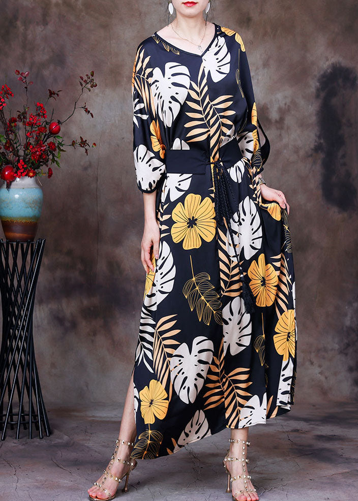 Casual Black V Neck Print Side Open Sashes Silk Vacation Long Dress Bracelet Sleeve