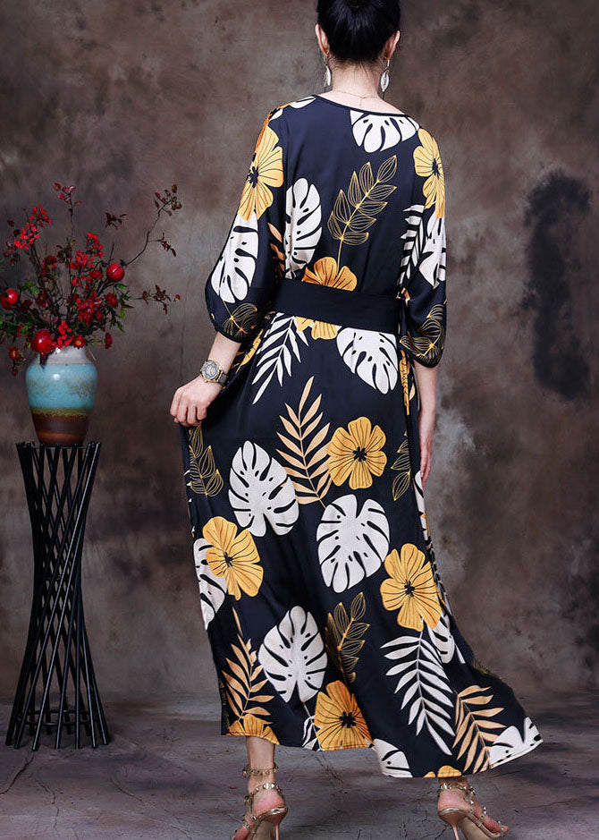 Casual Black V Neck Print Side Open Sashes Silk Vacation Long Dress Bracelet Sleeve