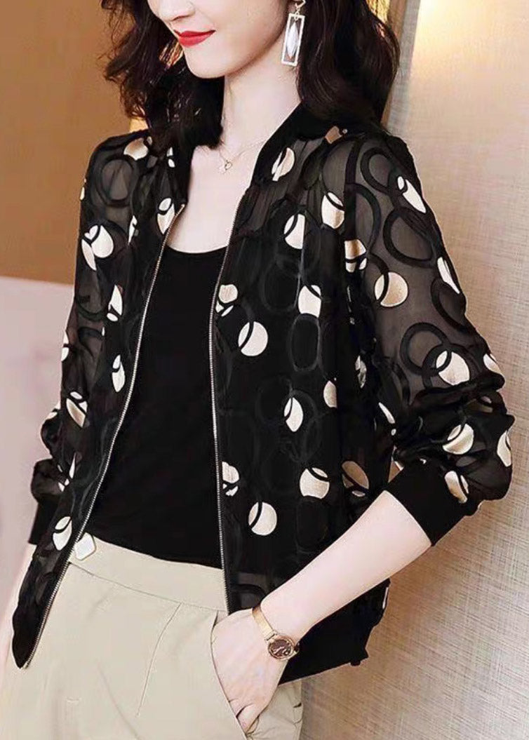 Casual Black V Neck Print Zippered Silk UPF 50+ Coat Long Sleeve