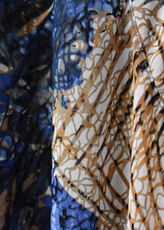 Casual Blue Asymmetrical Print Chiffon Top And Linen Spaghetti Strap Dress Two Pieces Set Summer