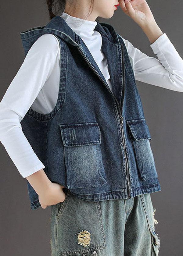 Casual Blue Denim Zippered Pockets Fall Sleeveless Waistcoat