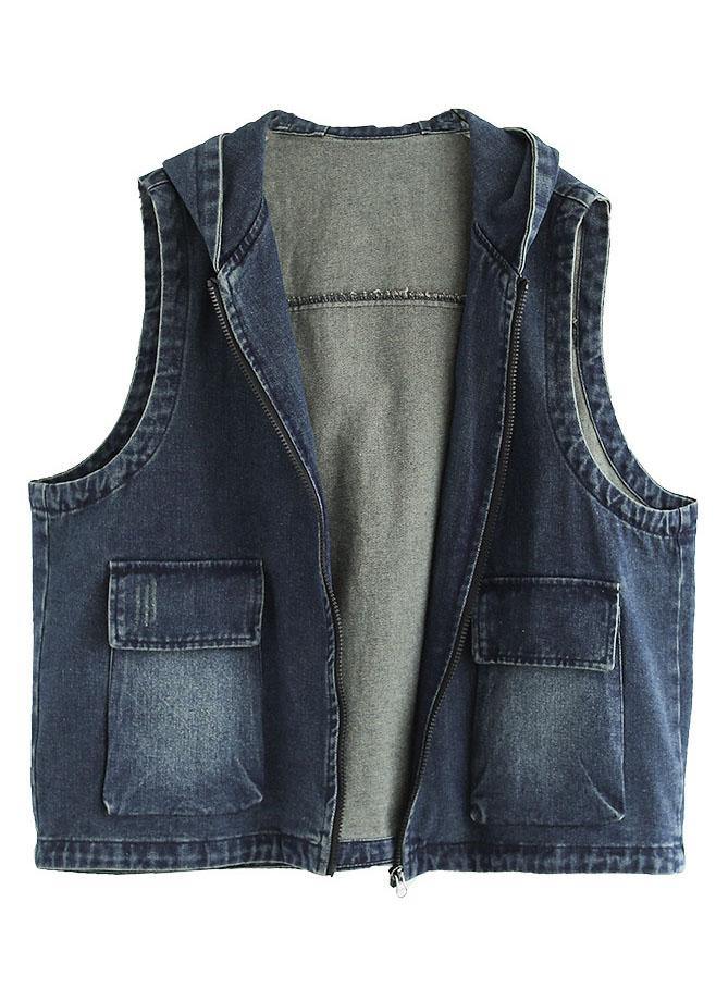 Casual Blue Denim Zippered Pockets Fall Sleeveless Waistcoat