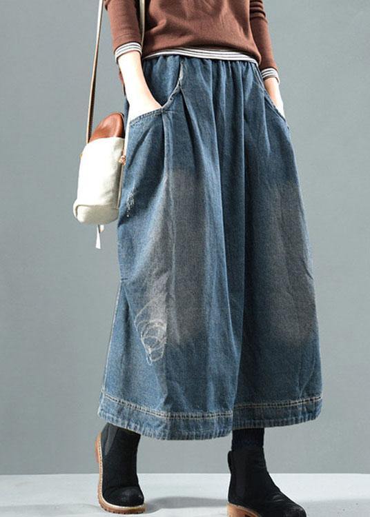 Casual Blue Elastic Waist Pockets Patchwork Fall Denim Skirt - Omychic