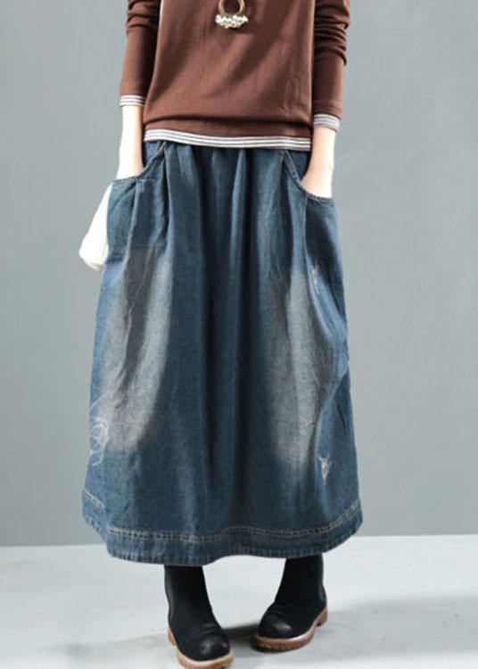 Casual Blue Elastic Waist Pockets Patchwork Fall Denim Skirt - Omychic