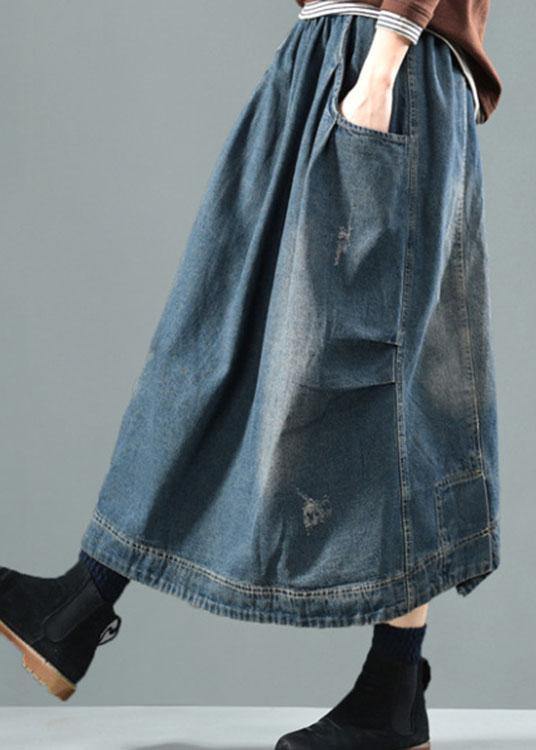 Casual Blue Elastic Waist Pockets Patchwork Fall Denim Skirt - Omychic