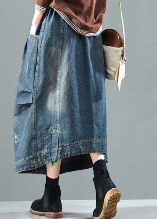 Casual Blue Elastic Waist Pockets Patchwork Fall Denim Skirt - Omychic