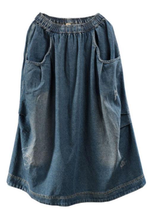Casual Blue Elastic Waist Pockets Patchwork Fall Denim Skirt - Omychic