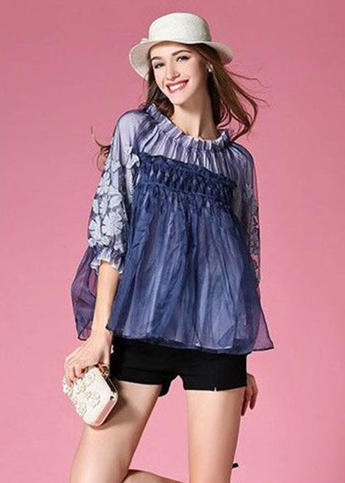 Casual Blue Embroideried Wrinkled Organza Blouses Half Sleeve