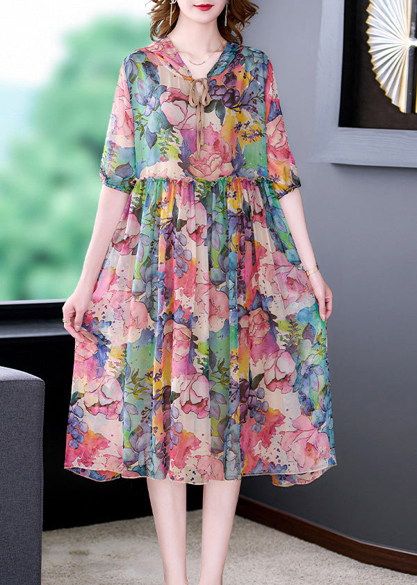 Casual Blue Floral Print Ruffled Neck Tie Silk Maxi Dress Short Sleeve