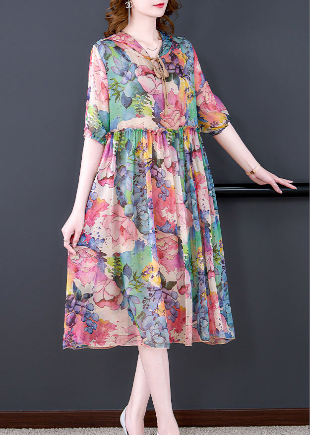 Casual Blue Floral Print Ruffled Neck Tie Silk Maxi Dress Short Sleeve