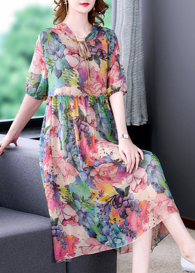 Casual Blue Floral Print Ruffled Neck Tie Silk Maxi Dress Short Sleeve