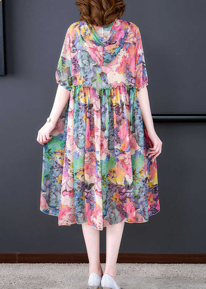 Casual Blue Floral Print Ruffled Neck Tie Silk Maxi Dress Short Sleeve