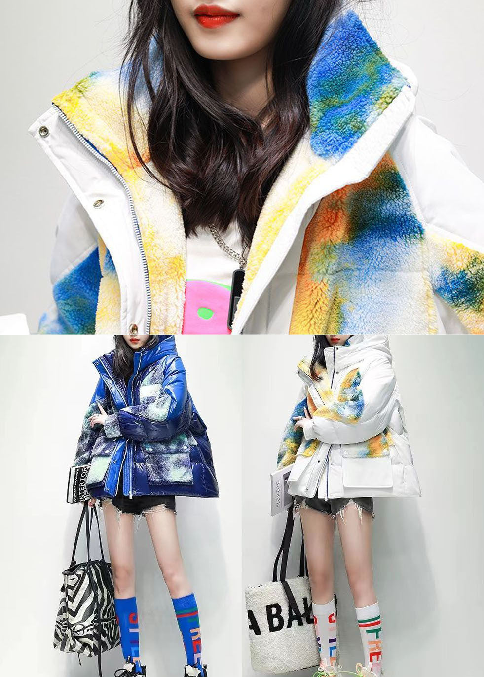Casual Blue Hooded Patchwork Print Duck Down Puffer Jacket Winter