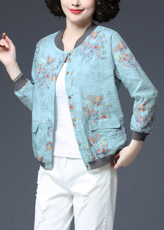 Casual Blue O-Neck Print Pockets Coats Long Sleeve