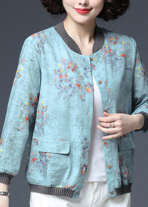 Casual Blue O-Neck Print Pockets Coats Long Sleeve