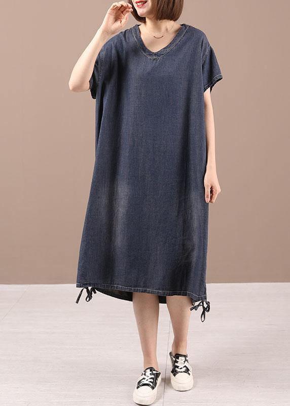 Casual Blue Open low High Design Summer Denim Short Sleeve Holiday Dress - Omychic