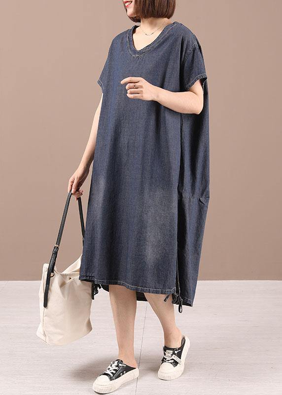 Casual Blue Open low High Design Summer Denim Short Sleeve Holiday Dress - Omychic