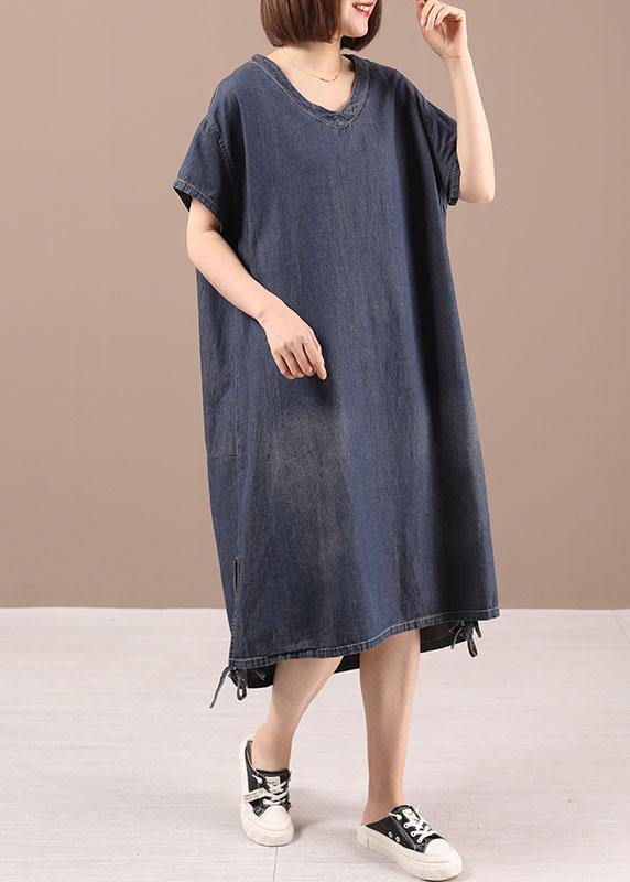 Casual Blue Open low High Design Summer Denim Short Sleeve Holiday Dress - Omychic