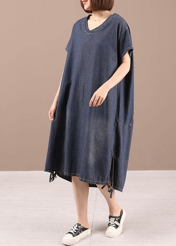 Casual Blue Open low High Design Summer Denim Short Sleeve Holiday Dress - Omychic