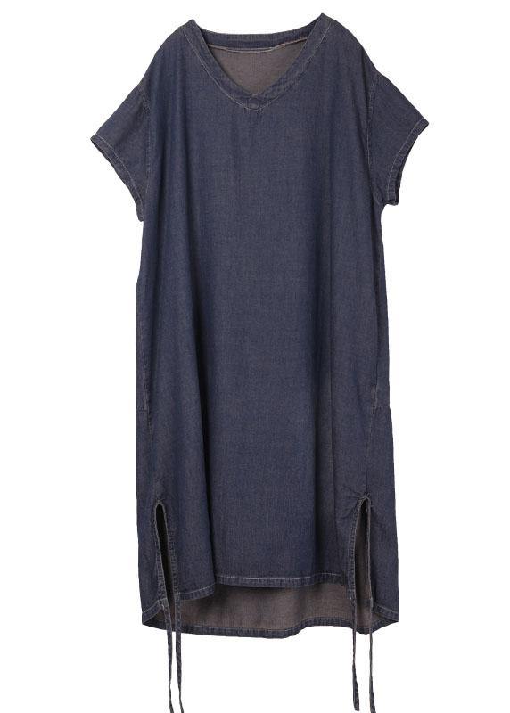 Casual Blue Open low High Design Summer Denim Short Sleeve Holiday Dress - Omychic