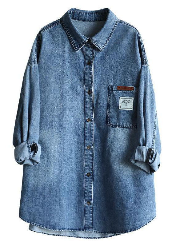 Casual Blue Peter Pan Collar Oversized Applique Cotton Denim Coat Spring