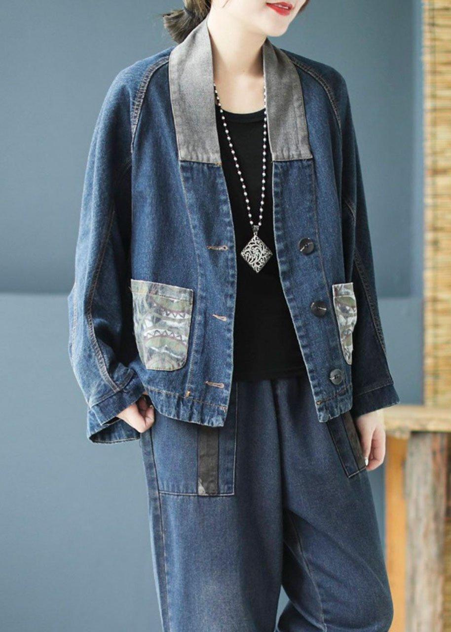 Casual Blue Pockets Button Patchwork Print Fall Denim Long sleeve Coat - Omychic