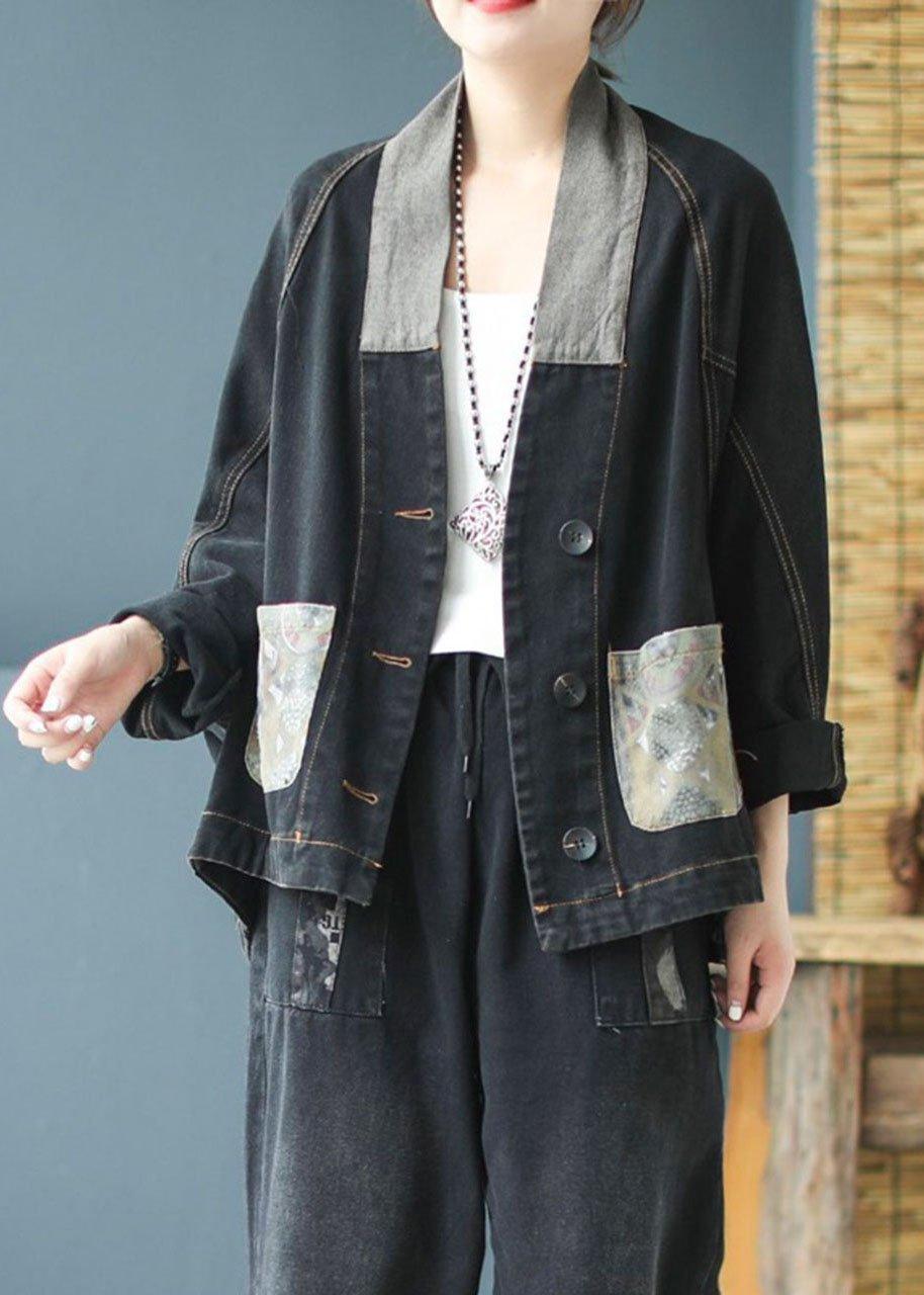 Casual Blue Pockets Button Patchwork Print Fall Denim Long sleeve Coat - Omychic