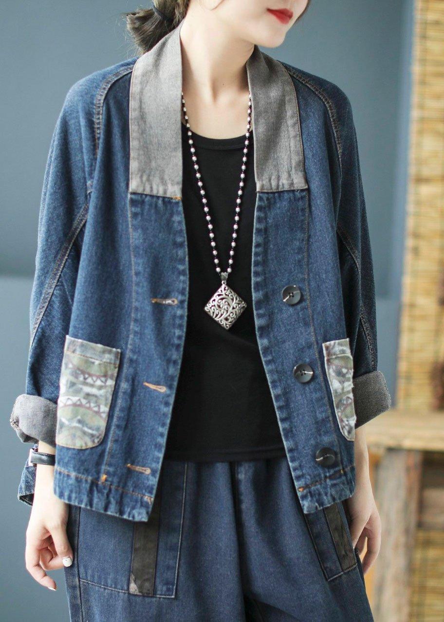 Casual Blue Pockets Button Patchwork Print Fall Denim Long sleeve Coat - Omychic
