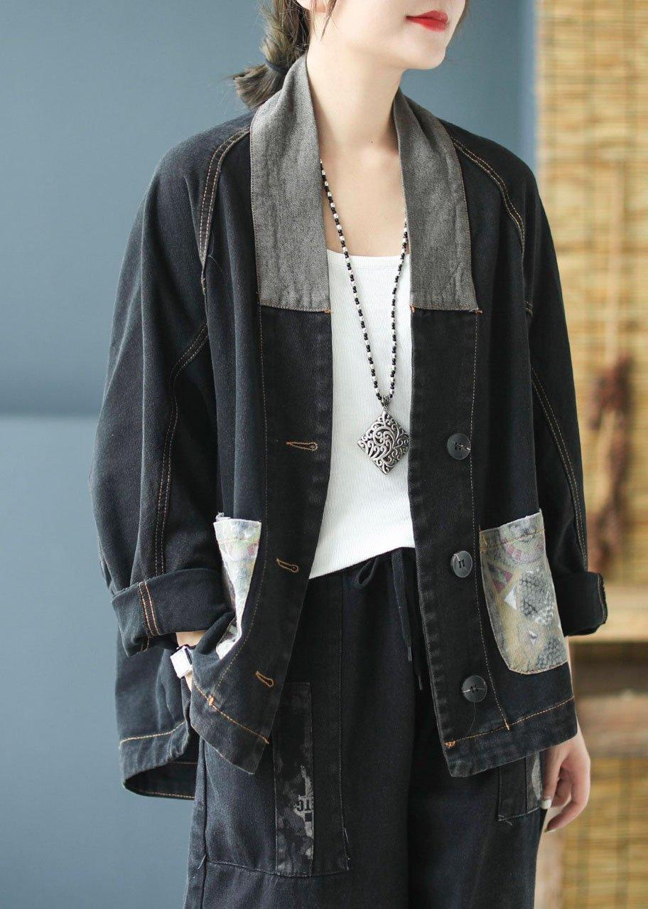 Casual Blue Pockets Button Patchwork Print Fall Denim Long sleeve Coat - Omychic