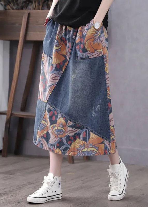 Casual Blue Pockets Patchwork Print A Line Fall Denim Skirts - Omychic