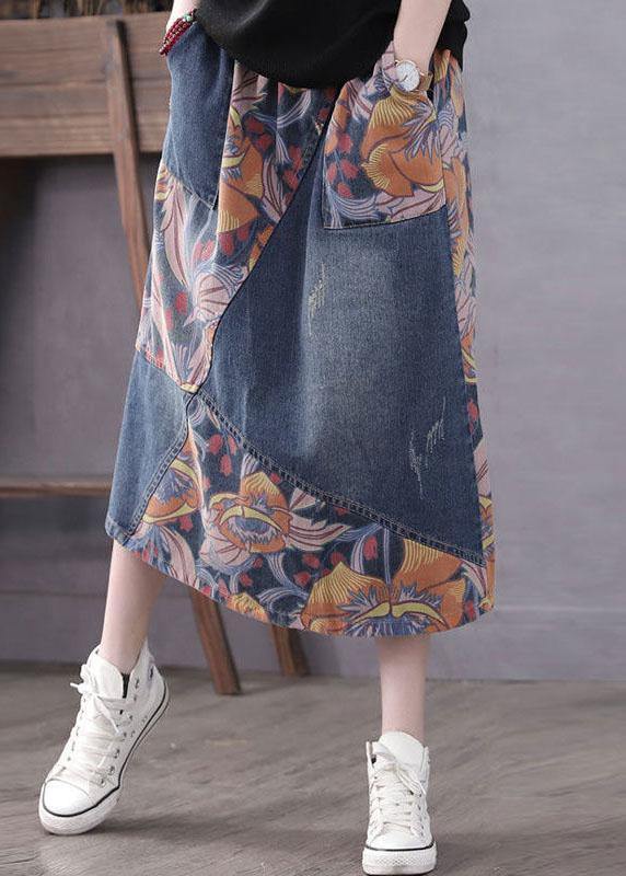 Casual Blue Pockets Patchwork Print A Line Fall Denim Skirts - Omychic