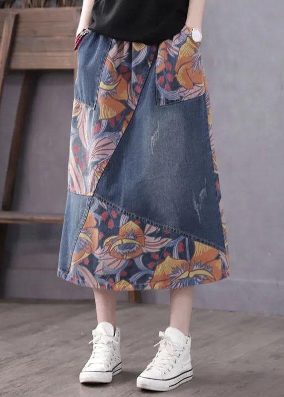 Casual Blue Pockets Patchwork Print A Line Fall Denim Skirts - Omychic