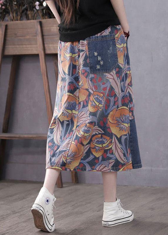 Casual Blue Pockets Patchwork Print A Line Fall Denim Skirts - Omychic