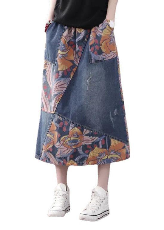 Casual Blue Pockets Patchwork Print A Line Fall Denim Skirts - Omychic