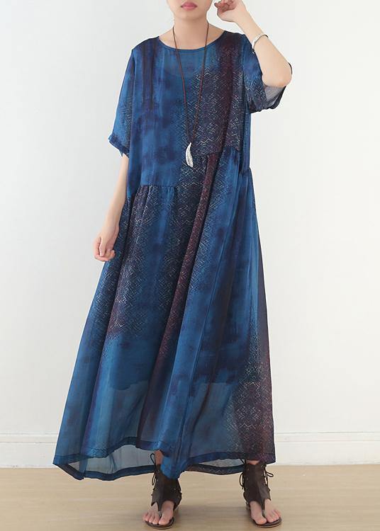 Casual Blue Print Chiffon Loose Spring Ankle Dress - Omychic