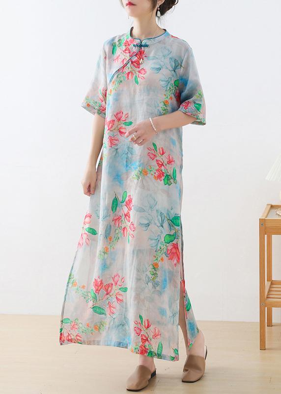 Casual Blue Print Oriental Dresses Summer Ramie - Omychic