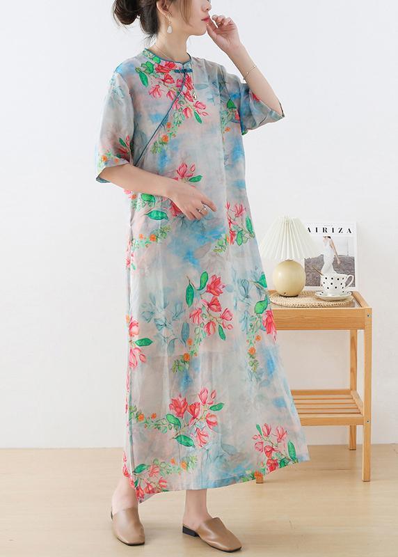 Casual Blue Print Oriental Dresses Summer Ramie - Omychic