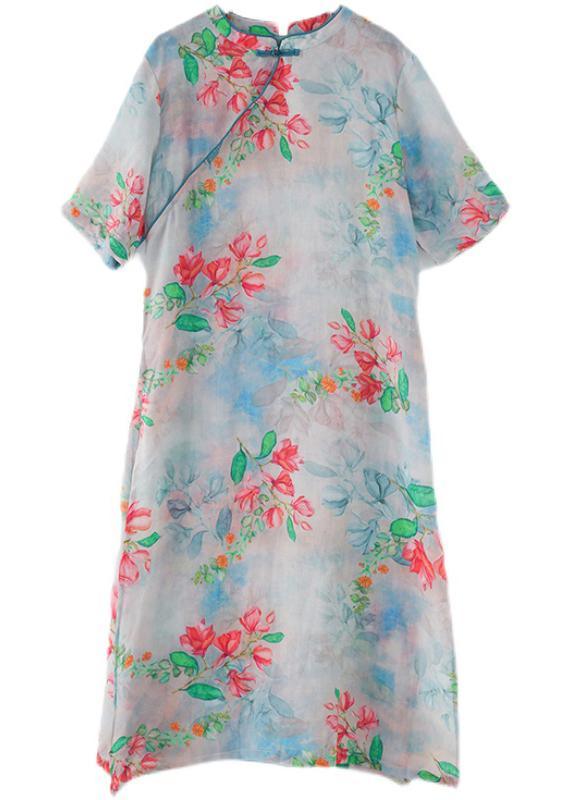 Casual Blue Print Oriental Dresses Summer Ramie - Omychic