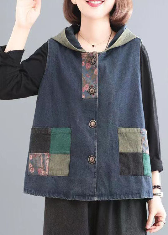 Casual Blue Print Pockets Patchwork Denim Hoodies Vest Fall