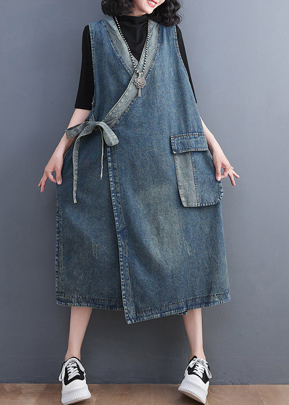 Casual Blue V Neck Asymmetrical Patchwork Tie Waist Denim Long Dresses Sleeveless