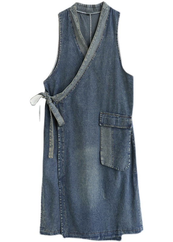 Casual Blue V Neck Asymmetrical Patchwork Tie Waist Denim Long Dresses Sleeveless